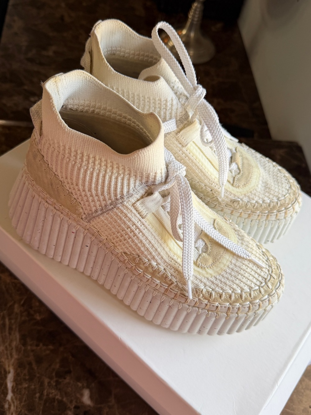 Chloé Cream Knit High-Top Platform Sneakers